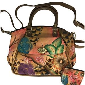 Anuschka brand new Handpainted Leather Satchel  Cross Body Bag Orange Floral